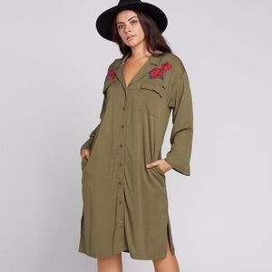Volcom Olive Button-Front Shirt Dress with Red Rose Embroidery